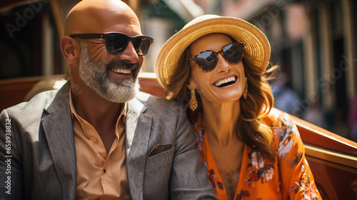 A picturesque photo of a mature couple enjoying a gondola ride through the winding canals of Venice, Italy