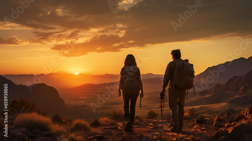 A dynamic shot of a mature couple hiking together in a rugged desert landscape, their silhouettes against a blazing sunset
