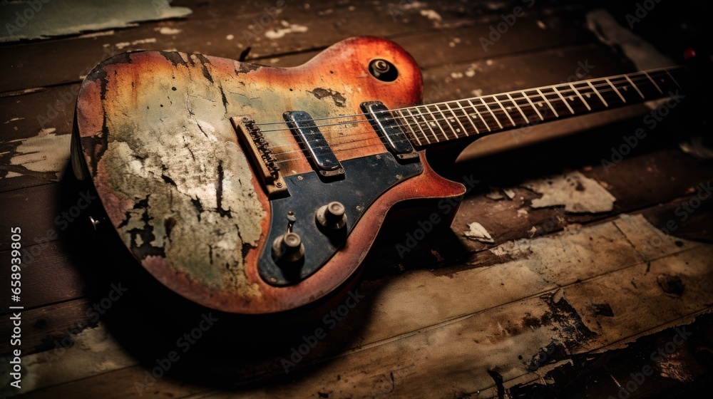 Vintage guitar design. Generative AI - obrazy, fototapety, plakaty 