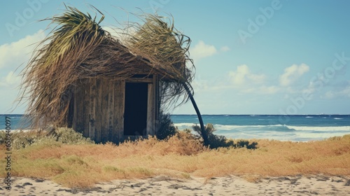Fototapeta Naklejka Na Ścianę i Meble -  Abandoned wooden beach hut that fell into ruin, overgrown hermit hideaway on a sandy ocean shore, stunning wide panoramic sea view, warm tropical summer tiny home.