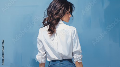 Portrait of a woman, The back of young woman dressed in blue sexual blouse looking a side isolated on blue background, advertising sale banner promo concept, copy space photo