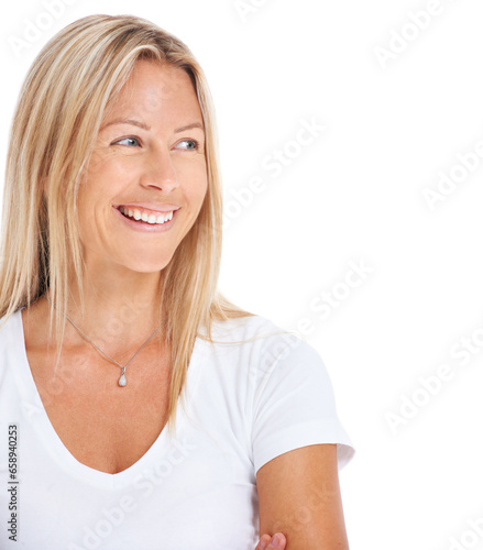 Woman, smile and looking side in studio for natural beauty happiness, t-shirt or care free. Female model person, funny happy face or white background relax confident, casual energy or personality