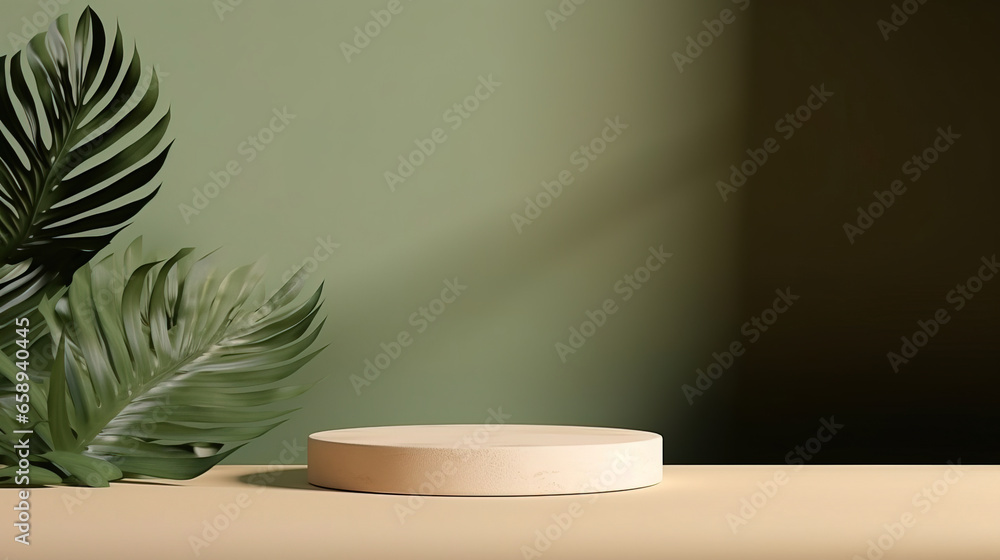 Podium product platform with beige background for natural beauty cosmetics stage scene. Abstract rock podium pedestal mockup with green leaf shadow. with empty copy space