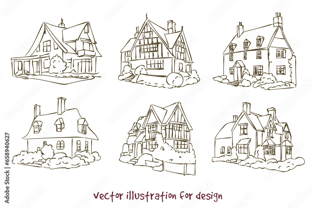 vector sketch of wooden and brick houses
