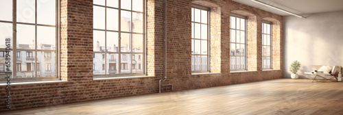 A Blank Canvas of Urbanity Empty Room With Vast Window, Wooden Floor, and Brick Wall in a Modern, Loft-Style Interior Brought to Life with 3D Rendering