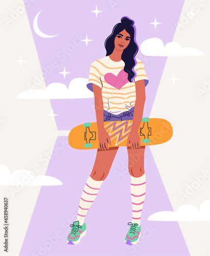 A funky young woman with skate board. Female skateboarder on an abstract background. A girl with longboard, outdoor sports activity. 