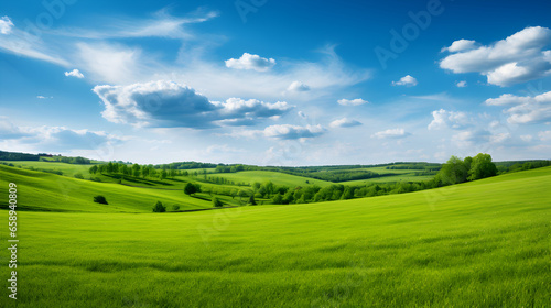 Green meadow on a hilly landscape.