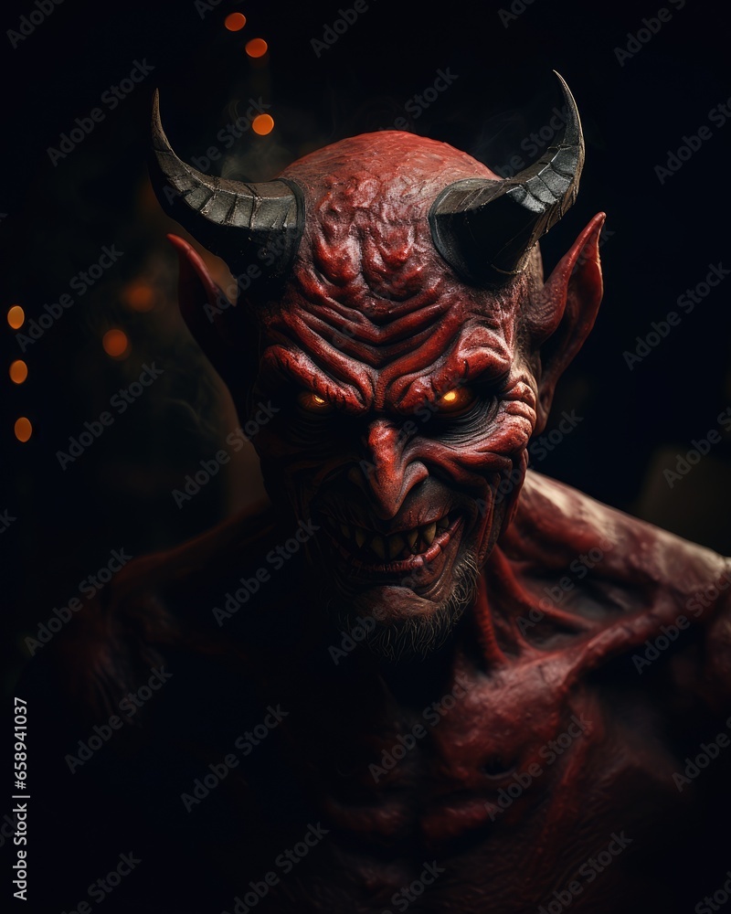 Scary devil with horns on a black background. Halloween concept. Created with Generative AI tools - obrazy, fototapety, plakaty 