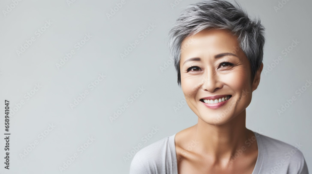 copy space, asian middle age man portrait with healthy face skin. Open smiling beautiful aging mature woman with short hair. Beauty and cosmetics skincare advertising concept copy space, asian middle age man portrait with healthy face skin. Open smiling beautiful aging mature woman with short hair. Beauty and cosmetics skincare advertising concept