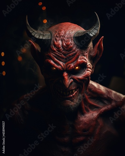 Scary devil with horns on a black background. Halloween concept. Created with Generative AI tools