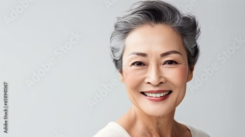 copy space  asian middle age man portrait with healthy face skin. Open smiling beautiful aging mature woman with short hair. Beauty and cosmetics skincare advertising concept