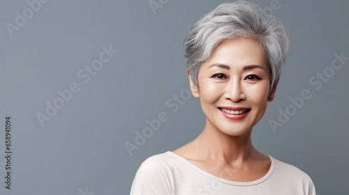 copy space, asian middle age man portrait with healthy face skin. Open smiling beautiful aging mature woman with short hair. Beauty and cosmetics skincare advertising concept