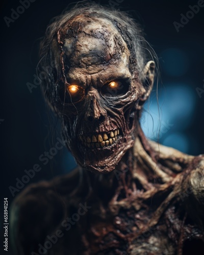 Scary zombie man with glowing eyes on dark background. Halloween concept. Created with Generative AI tools