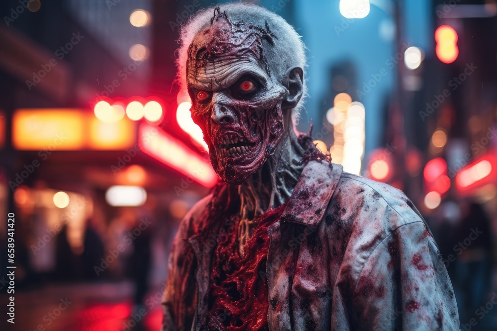 Zombie man in the city at night. Halloween. Horror. Created with Generative AI tools