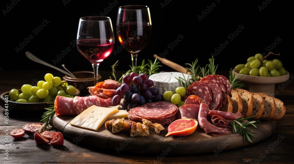 Charcuterie plate with sausage, salami, cheese, berries, olives on Italian table with wine, cheese and salumi.