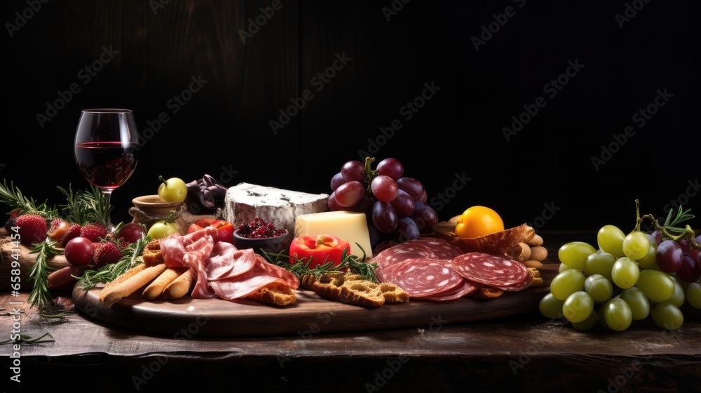 Charcuterie plate with sausage, salami, cheese, berries, olives on Italian table with wine, cheese and salumi. Charcuterie plate with sausage, salami, cheese, berries, olives on Italian table with wine, cheese and salumi.