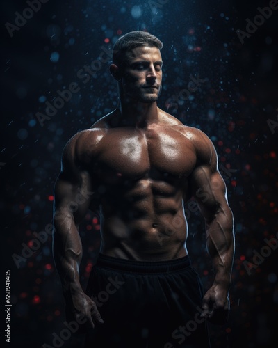 Handsome young muscular Caucasian man of model appearance posing in studio on black background with rain drops. Bodybuilding concept. Created with Generative AI tools