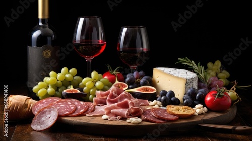 Charcuterie plate with sausage  salami  cheese  berries  olives on Italian table with wine  cheese and salumi.