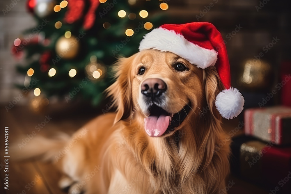 Cheerful dog golden retriever in Santa Claus hat near Christmas tree at home. Preparing for Christmas holidays