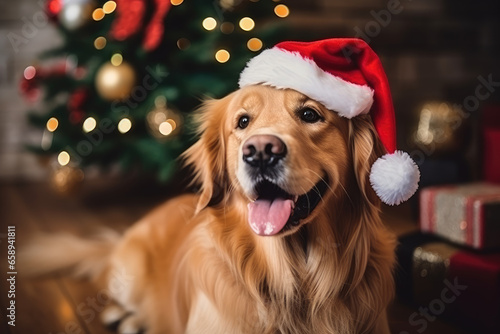 Cheerful dog golden retriever in Santa Claus hat near Christmas tree at home. Preparing for Christmas holidays