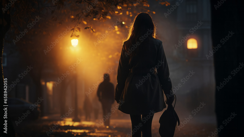 Silhouette of a young woman walking home alone at night , scared of stalker and being assault , insecurity concept - obrazy, fototapety, plakaty 