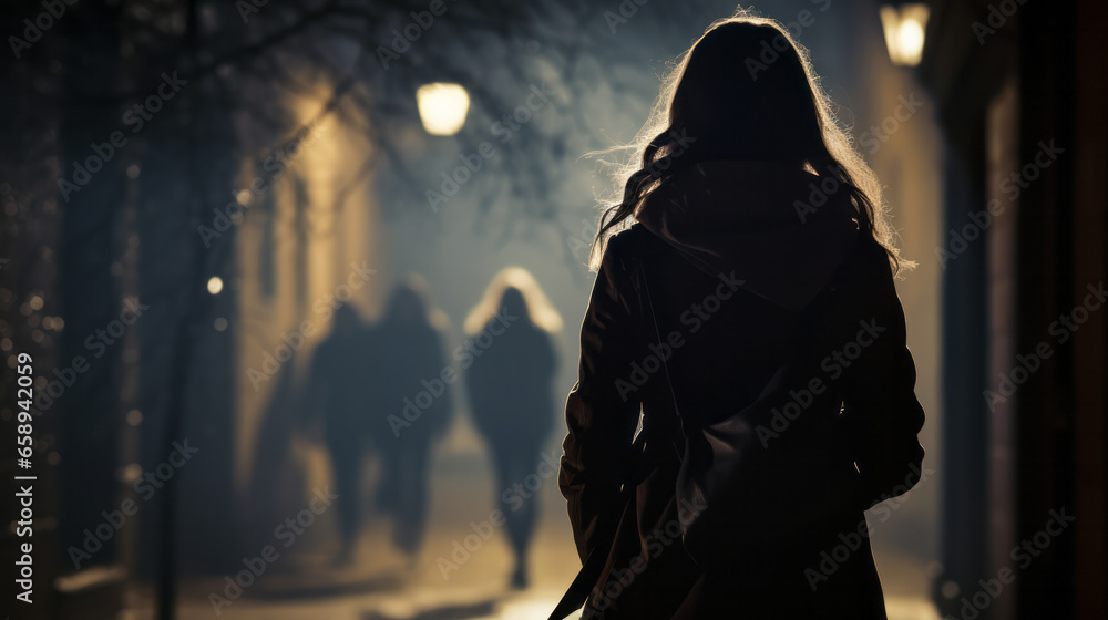 Silhouette of a young woman walking home alone at night , scared of stalker and being assault , insecurity concept - obrazy, fototapety, plakaty 