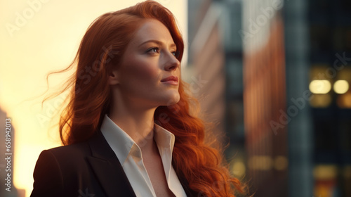 Wallpaper Mural Happy wealthy rich successful ginger businesswoman standing in big city modern skyscrapers street on sunset thinking of successful vision, dreaming of new investment opportunities. Torontodigital.ca