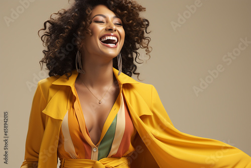 handsome black woman black womanand laughing, wearing bright clothes on a light background photo