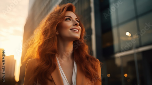 Happy wealthy rich successful ginger businesswoman standing in big city modern skyscrapers street on sunset thinking of successful vision, dreaming of new investment opportunities. photo