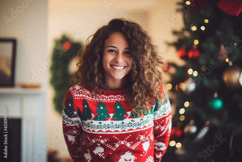 Happy young woman wearing a ugly christmas sweater photo