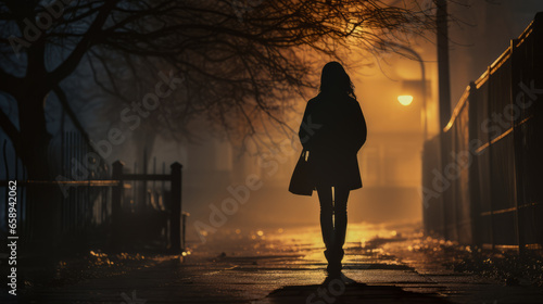 Fotografia Silhouette of a young woman walking home alone at night , scared of stalker and