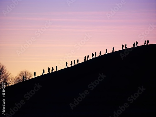 Group of poor refugees in a sunset light. People walking from war or powerty © lukjonis