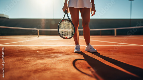 Cropped photo of Tennis player with racket on court Attractive woman in white clothing with racket on tennis court playing, copy space, 8 March, Valentine day, Birthday party photo