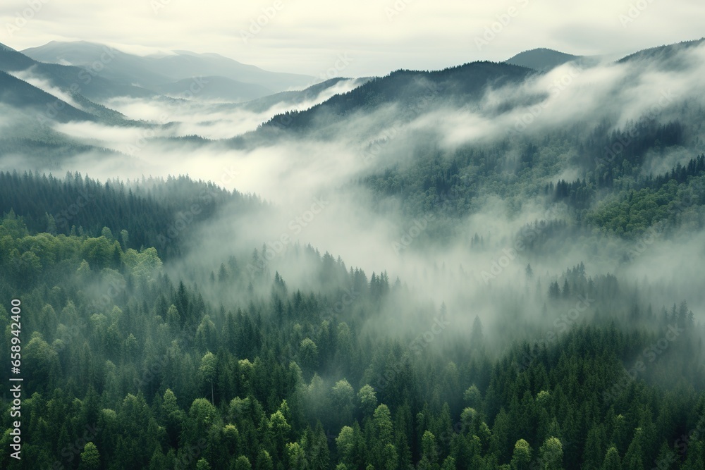 Aerial view of a misty forest on a foggy day. - obrazy, fototapety, plakaty 
