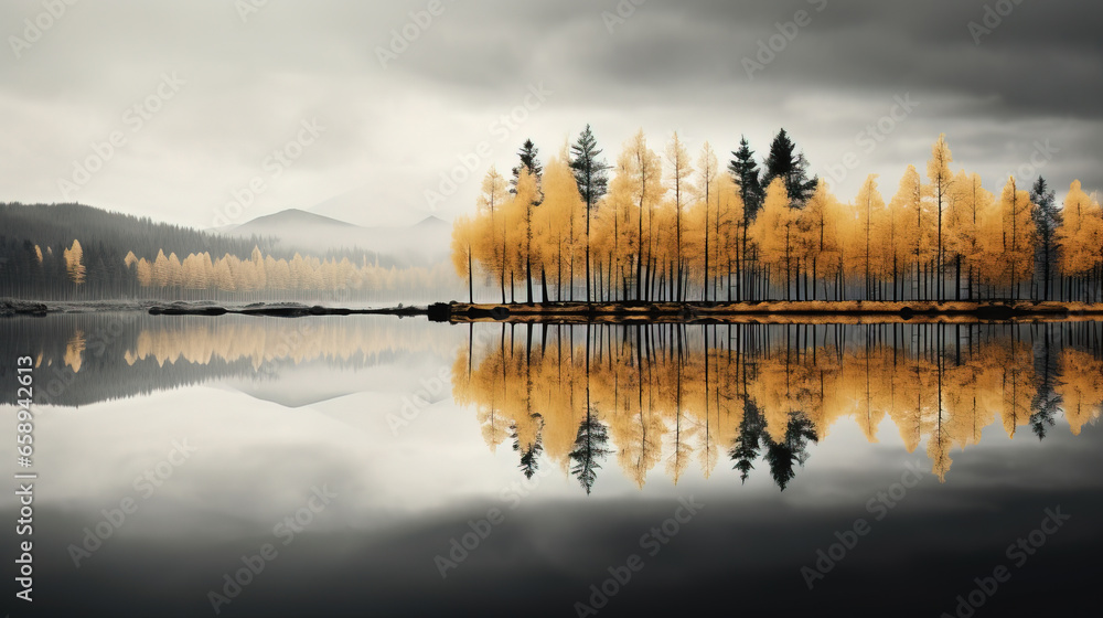 autumn landscape with lake and trees, reflection of trees in water - obrazy, fototapety, plakaty 