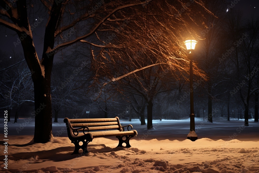 Bench in the park on a winter night