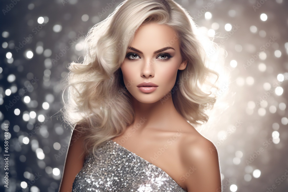 Woman in Silver Sexy Dress. Fashion Blonde Model with Long Straight Shiny Hair in Short Glittering Party Gown over Sparkly Background Woman in Silver Sexy Dress. Fashion Blonde Model with Long Straight Shiny Hair in Short Glittering Party Gown over Sparkly Background