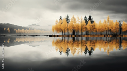 autumn landscape with lake and trees, reflection of trees in water