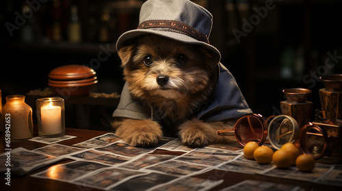 An amusing picture of a Yorkie wearing a detective's hat and magnifying glass, appearing to investigate a mysterious "crime scene"
