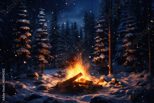 Bonfire in the winter forest at night