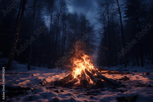 Bonfire in the winter forest at night