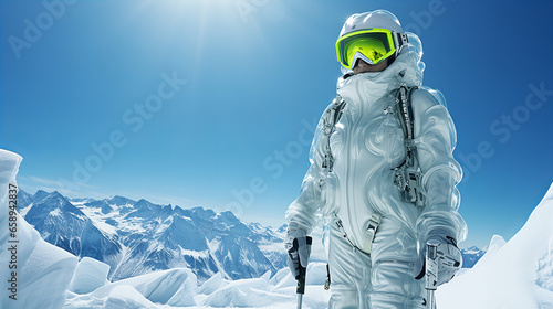 Young woman portrait in skii goggles ready for skiing, extreme sport activities, winter holidays in the mountains resort, copy space photo