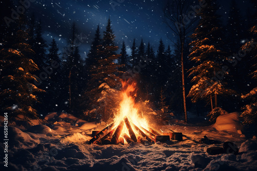 Bonfire in the winter forest at night © IMAGE