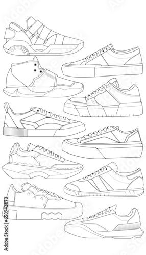 Set of shoes sneaker outline drawing vector  Sneakers drawn in a sketch style  bundling sneakers trainers template outline  vector Illustration.