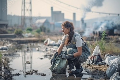 Woman activist with garbage bags and mask cleaning city area, Keeping plastic bottles in black garbage bags. People and ecology. Volunteer concept.