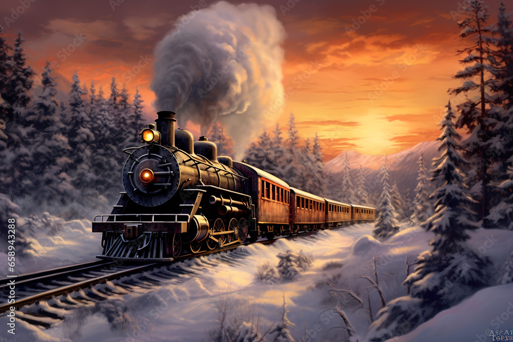 Digital painting of a steam locomotive in the winter - obrazy, fototapety, plakaty 