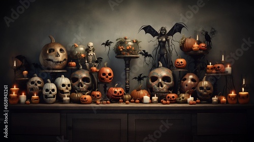 Gruseliges Halloween Stillleben mit Kürbissen, Totenköpfen, Skelett, Knochen, Fledermäusen und Kerzen auf einer Kommode.