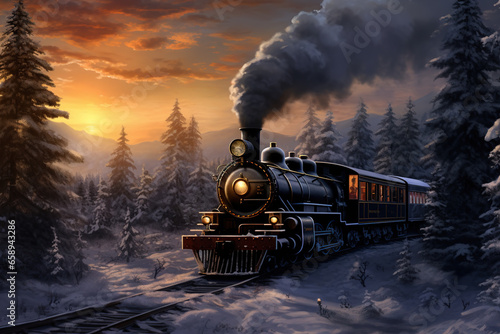 Digital painting of a steam locomotive in the winter photo