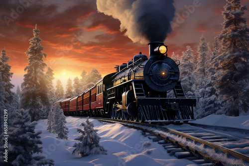 Digital painting of a steam locomotive in the winter