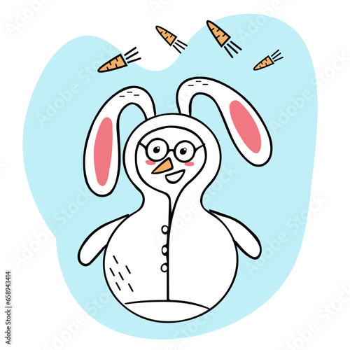 Cheerful snowman in a hare costume. Doodle illustration. Hello winter